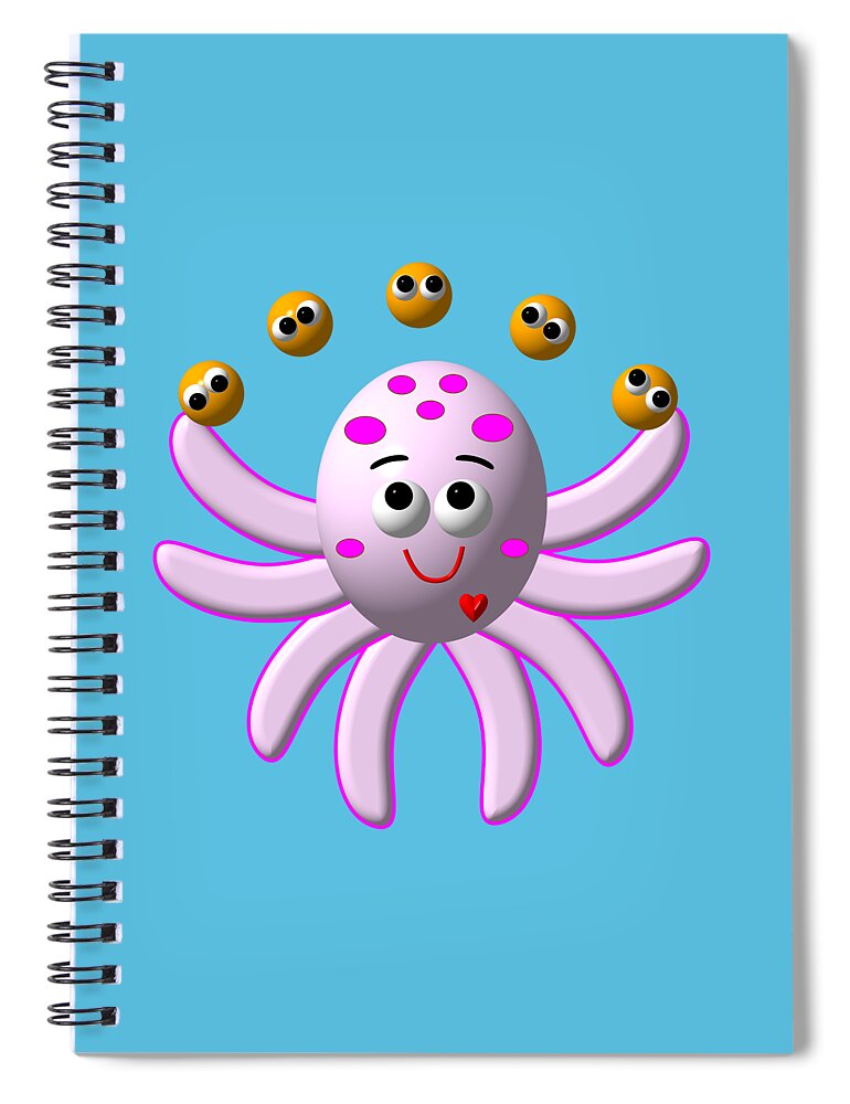 Cute Critters With Heart Octopus Juggling Oranges Spiral Notebook featuring the digital art Cute Critters With Heart Octopus Juggling Oranges by Rose Santuci-Sofranko