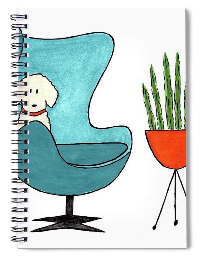 Arne Jacobsen Egg Chair Spiral Notebook featuring the painting Cute Dog in Teal Arne Jacobsen Chair by Donna Mibus