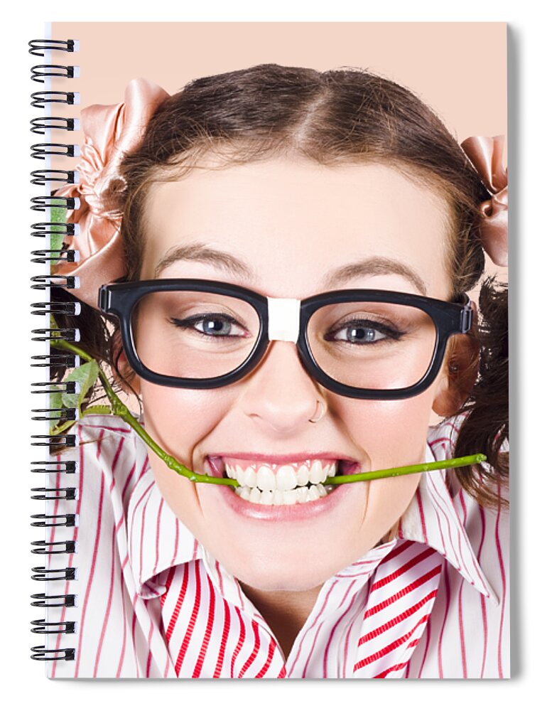 Funny Spiral Notebook featuring the photograph Cute Smiling Woman Wearing Nerd Glasses With Rose by Jorgo Photography