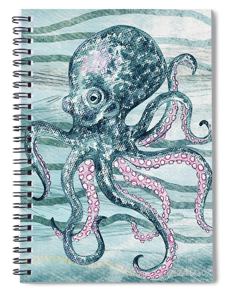Octopus Spiral Notebook featuring the painting Cute Teal Blue Watercolor Octopus On Calm Wave Beach Art by Irina Sztukowski