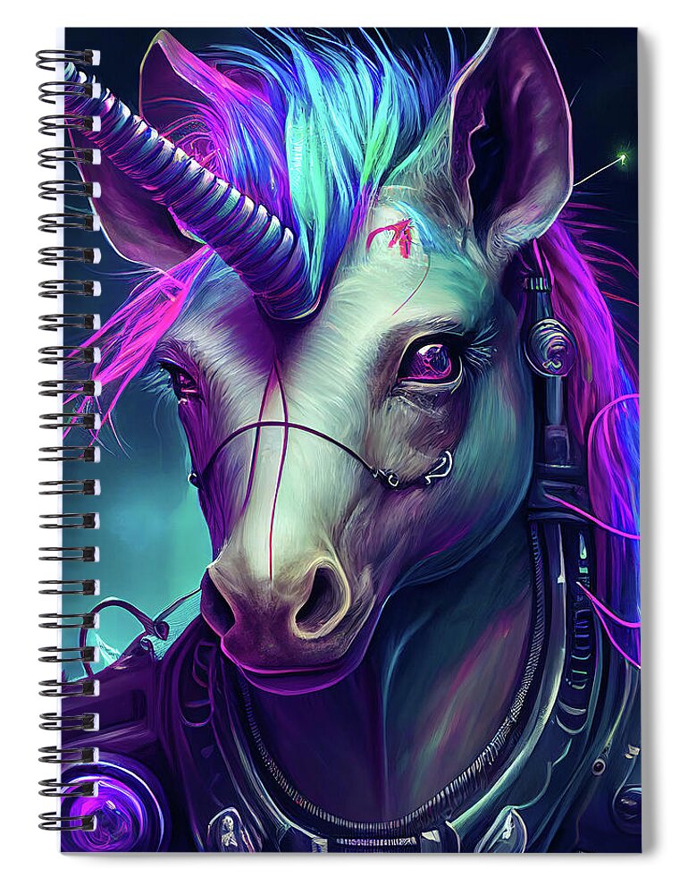Unicorn Spiral Notebook featuring the digital art Cyberpunk Unicorn Portrait 01 by Matthias Hauser