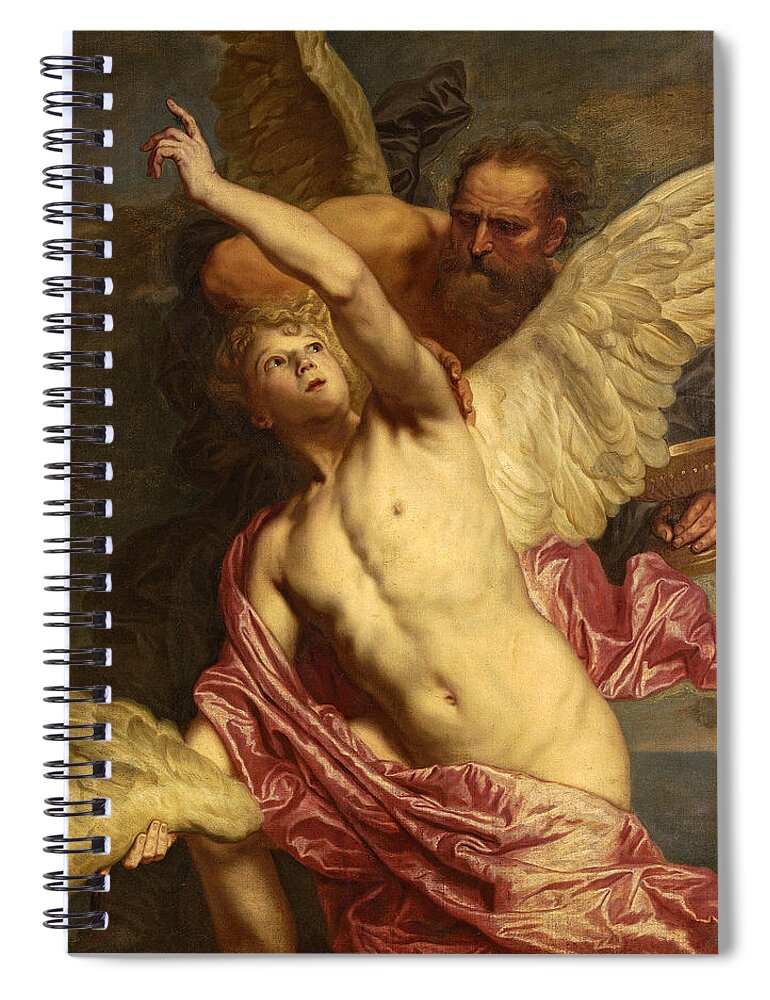 Pieter Thijs Spiral Notebook featuring the painting Daedalus fixing wings onto the shoulders of Icarus by Pieter Thijs