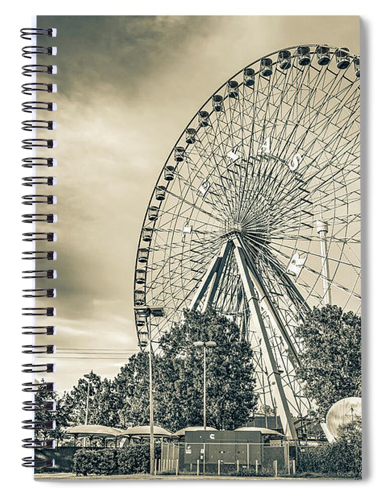 Dallas Texas Spiral Notebook featuring the photograph Dallas Texas Star Ferris Wheel at Fair Park in Sepia by Gregory Ballos