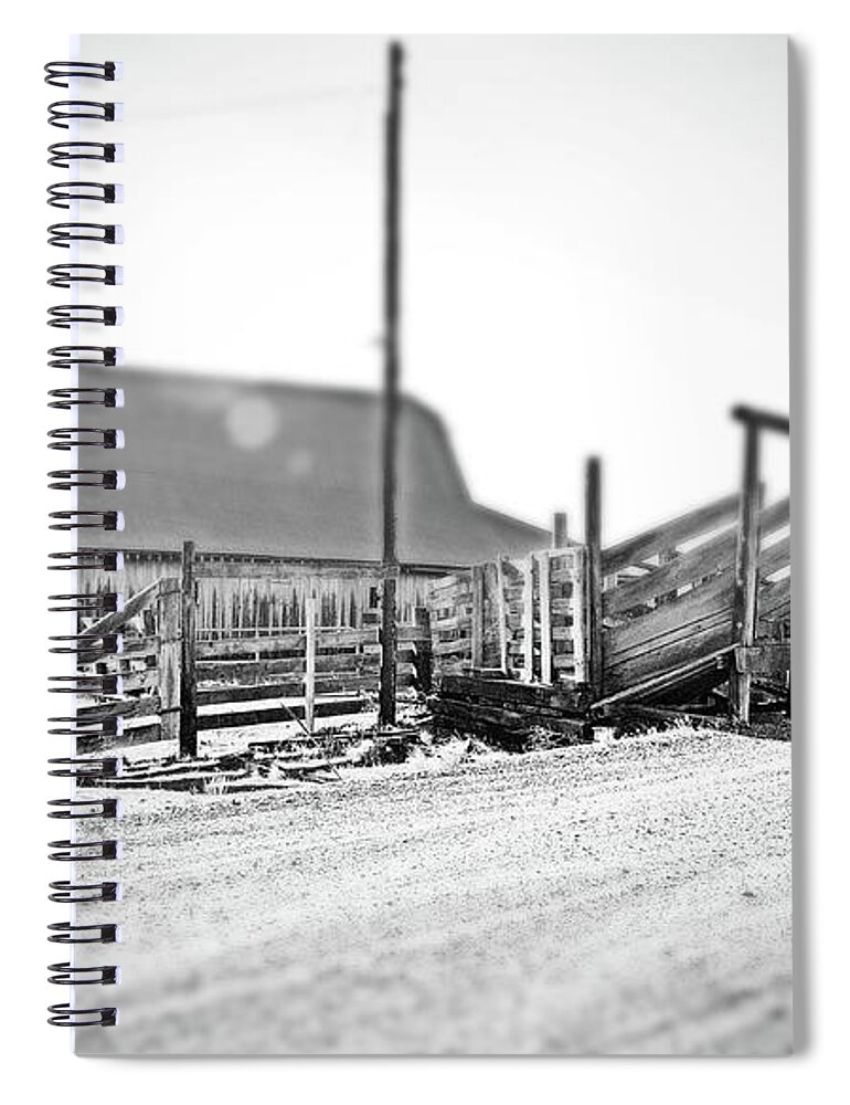  Spiral Notebook featuring the digital art Dalles, MT Ranch Cattle Shoot. B/W Tilt-shift by Fred Loring