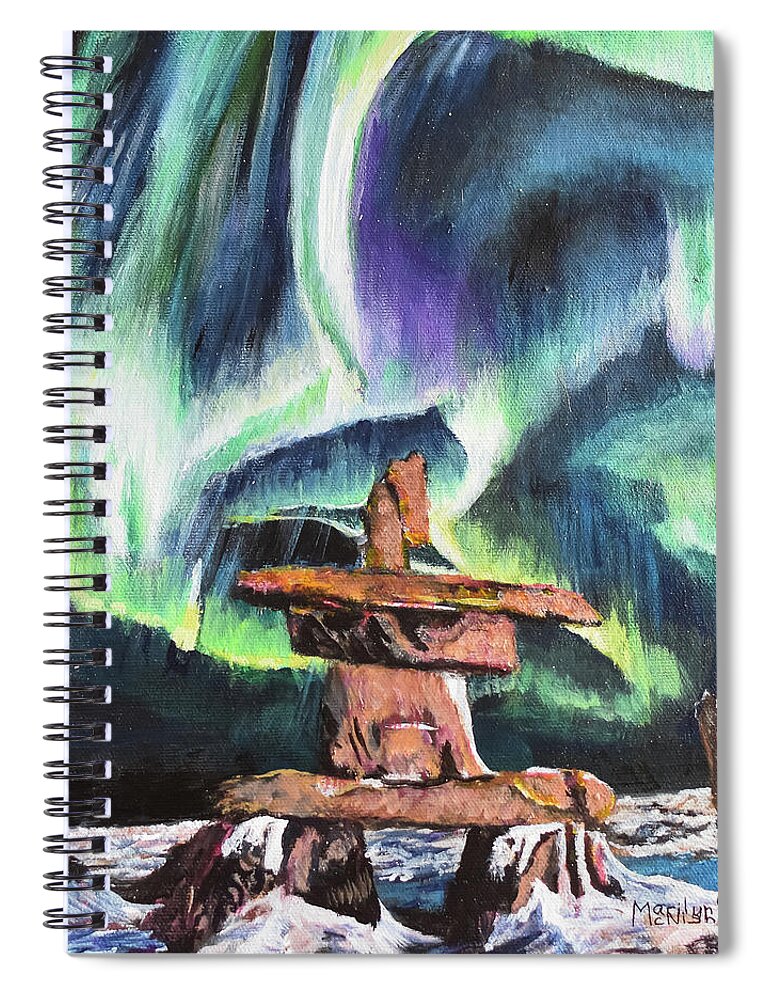 Inukshuk Spiral Notebook featuring the painting Dancing Lights - Churchill by Marilyn McNish