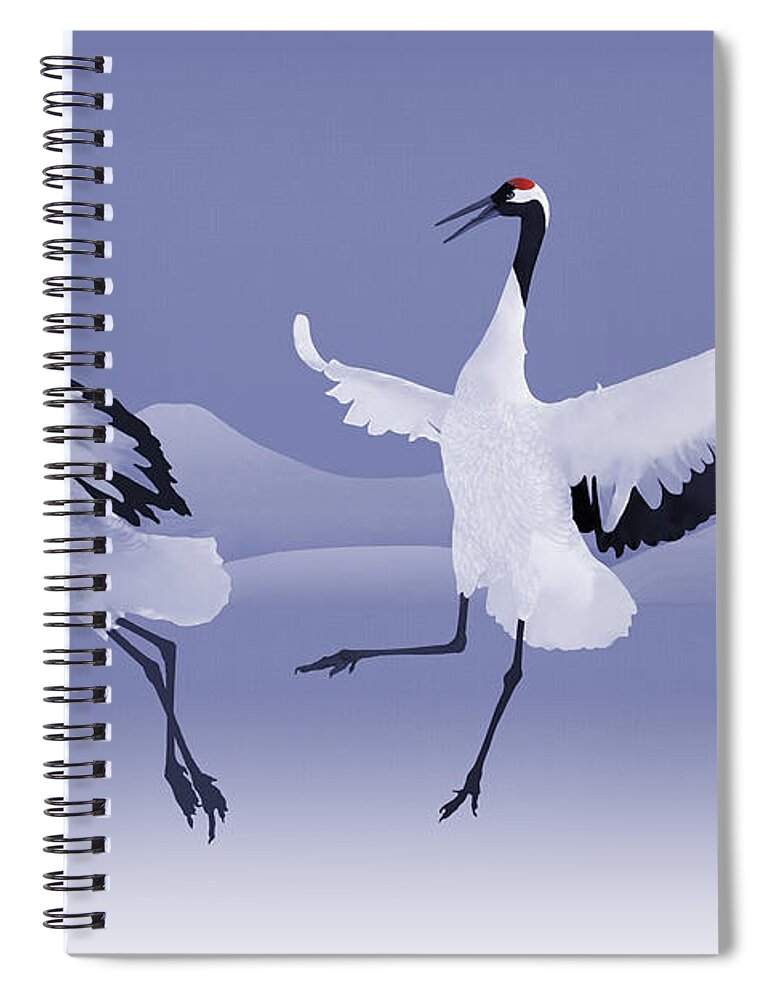 Bird Spiral Notebook featuring the mixed media Dancing Red-crowned Cranes by M Spadecaller