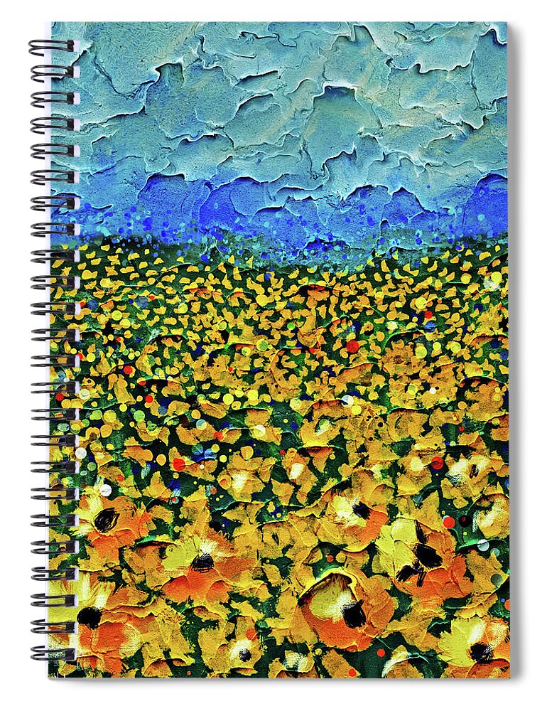 Sunflowers Spiral Notebook featuring the mixed media Dancing Sunflowers- Art by Linda Woods by Linda Woods