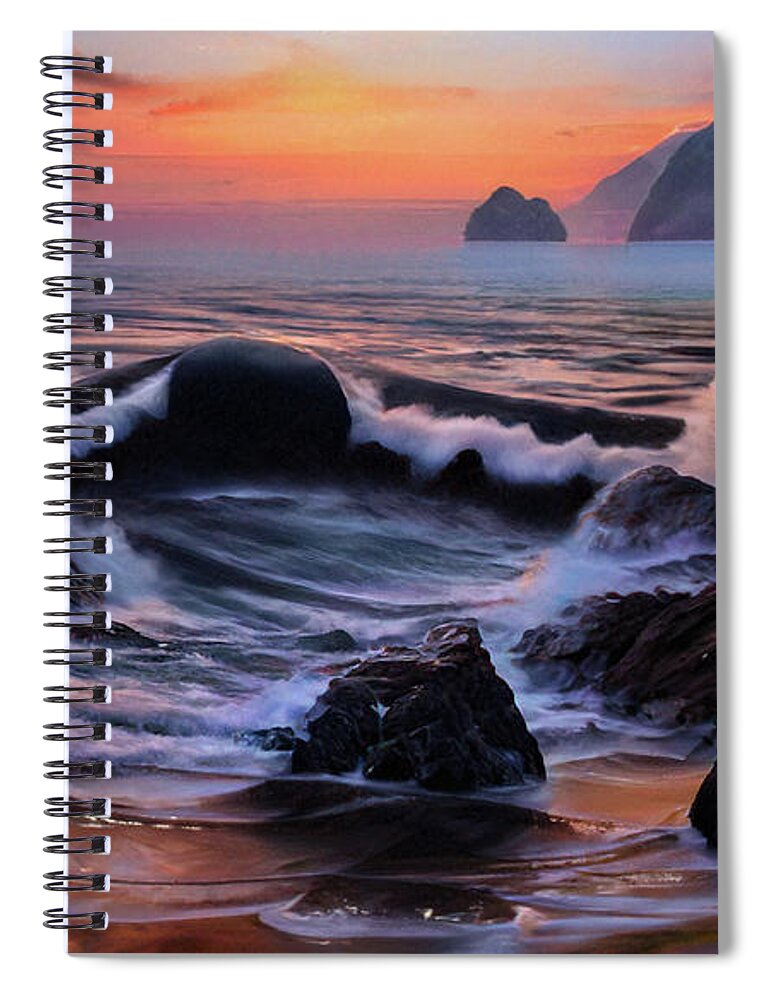 Dancing Tide Spiral Notebook featuring the mixed media Dancing Tide Sunset D by Frank Wilson