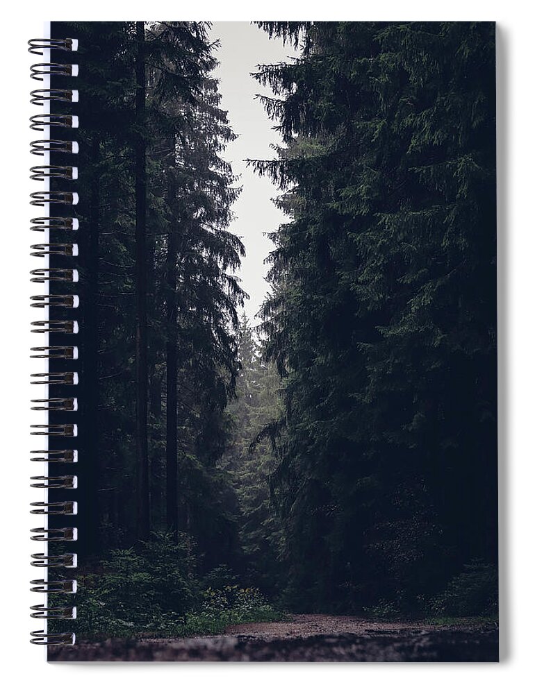 Forest Spiral Notebook featuring the photograph Dark atmosphere in forest. Forgotten road in rainy day by Vaclav Sonnek