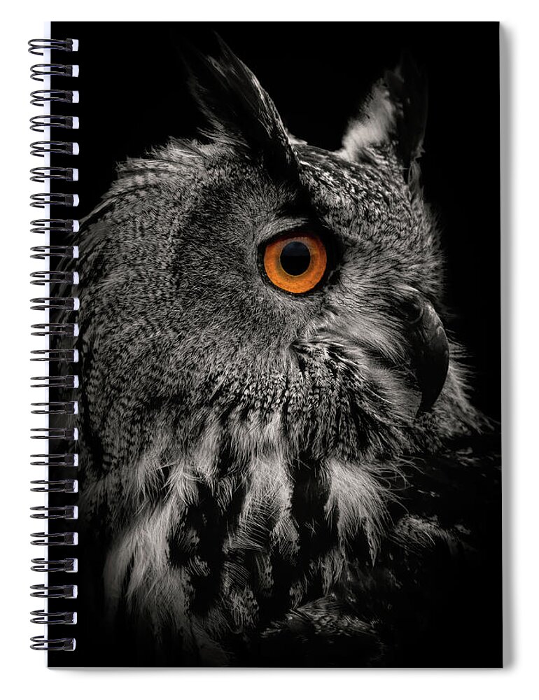 Portrait Spiral Notebook featuring the digital art Dark portrait eagle owl in black and white by Marjolein Van Middelkoop
