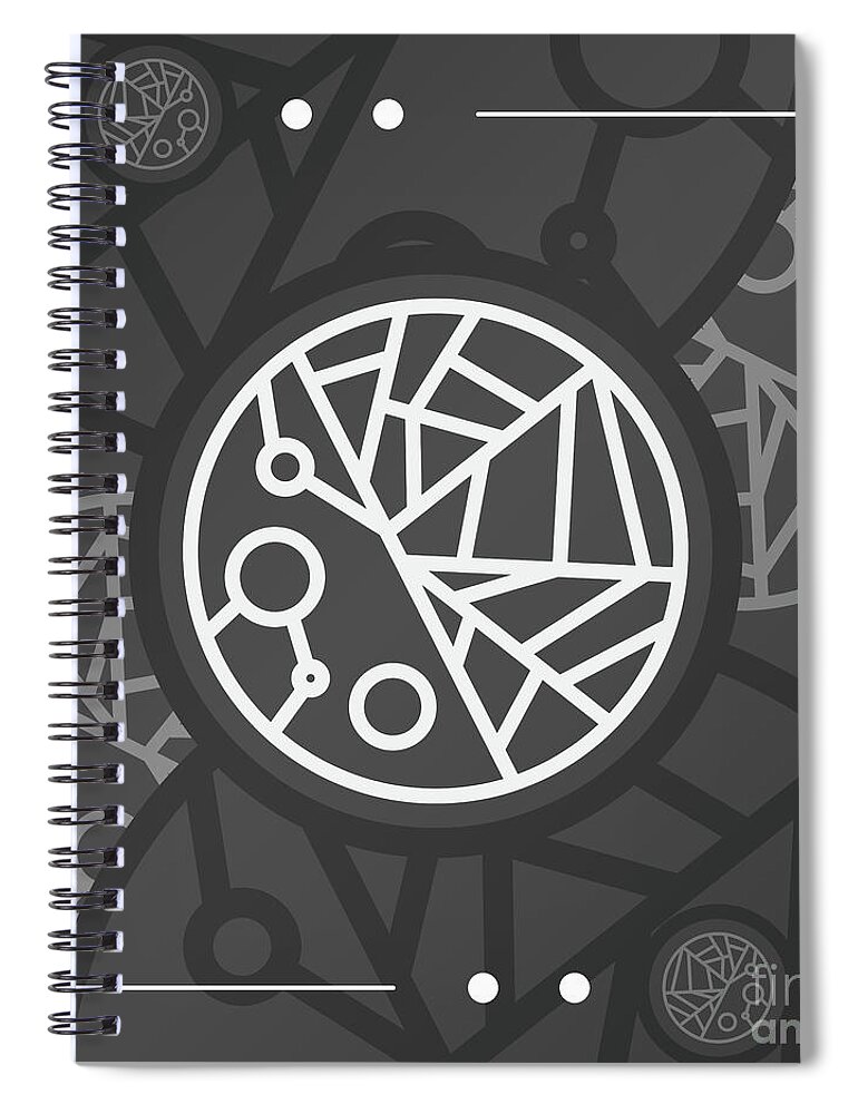 Abstract Spiral Notebook featuring the mixed media Dark Steely Geometric Glyph Art in Black Gray and White n.0305 by Holy Rock Design