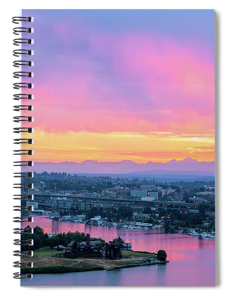 Outdoor; Dawn; Sunrise; Lake Union; Seattle; Uw; Wm Campus; Highway; I-5; Bridge; Ship Canal Bridge; Gas Works Park; East Side; Washington Beauty; Pnw Spiral Notebook featuring the digital art Dawn breaks over the lake union by Michael Lee