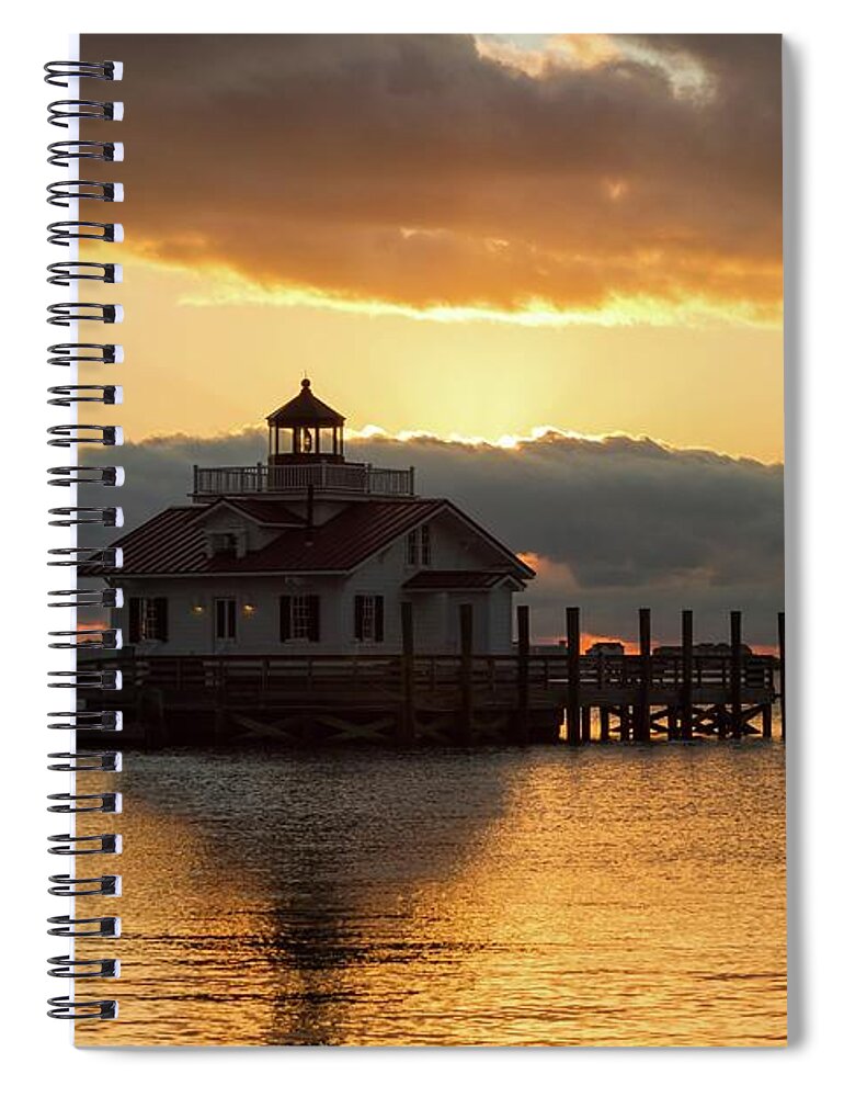 Architecture Spiral Notebook featuring the photograph Daybreak over Roanoke Marshes Lighthouse by Liza Eckardt