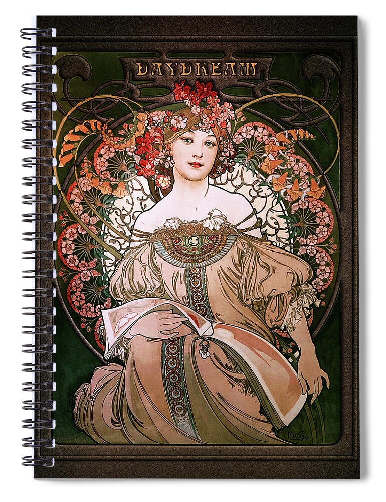 Daydream Spiral Notebook featuring the painting Daydream by Alphonse Mucha Black Background by Xzendor7