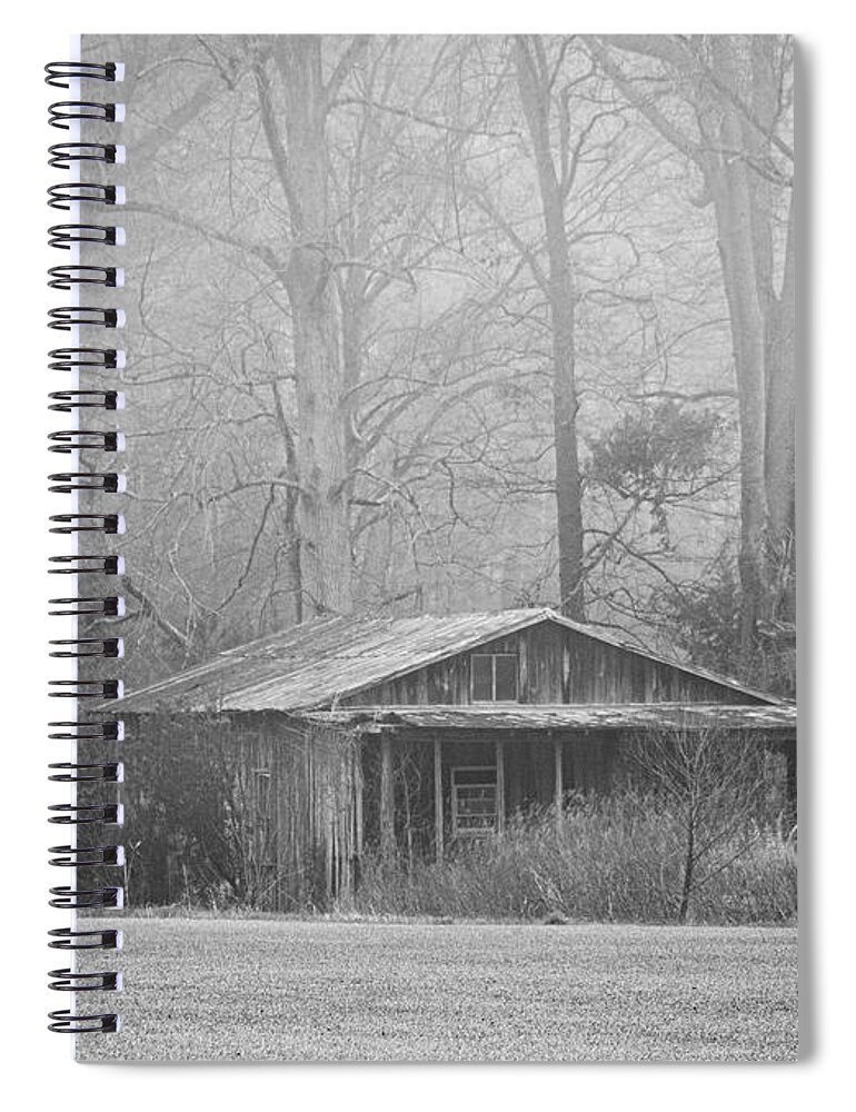 Weathered Spiral Notebook featuring the photograph Decaying Old Barn in Fog - Pamlico County North Carolina by Bob Decker