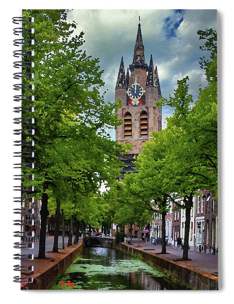 Delft Spiral Notebook featuring the digital art Delft Canal and Oude Kerke, Dry Brush on Sandstone by Ron Long Ltd Photography
