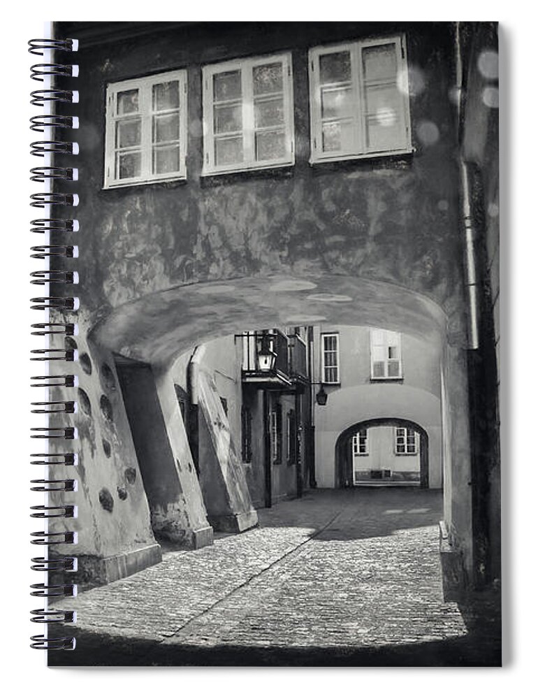 Warsaw Spiral Notebook featuring the photograph Delightful Dawna Street Warsaw Black and White by Carol Japp