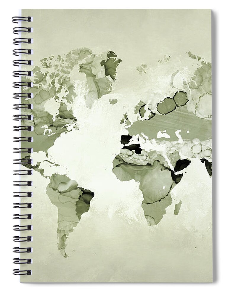 World Map Spiral Notebook featuring the mixed media Design 123 Olive Green World Map by Lucie Dumas