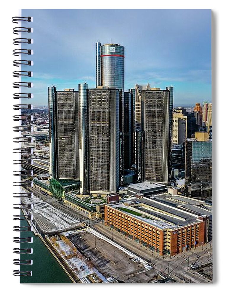 Detroit Spiral Notebook featuring the photograph Detroit Ren Cen DJI_0475 by Michael Thomas