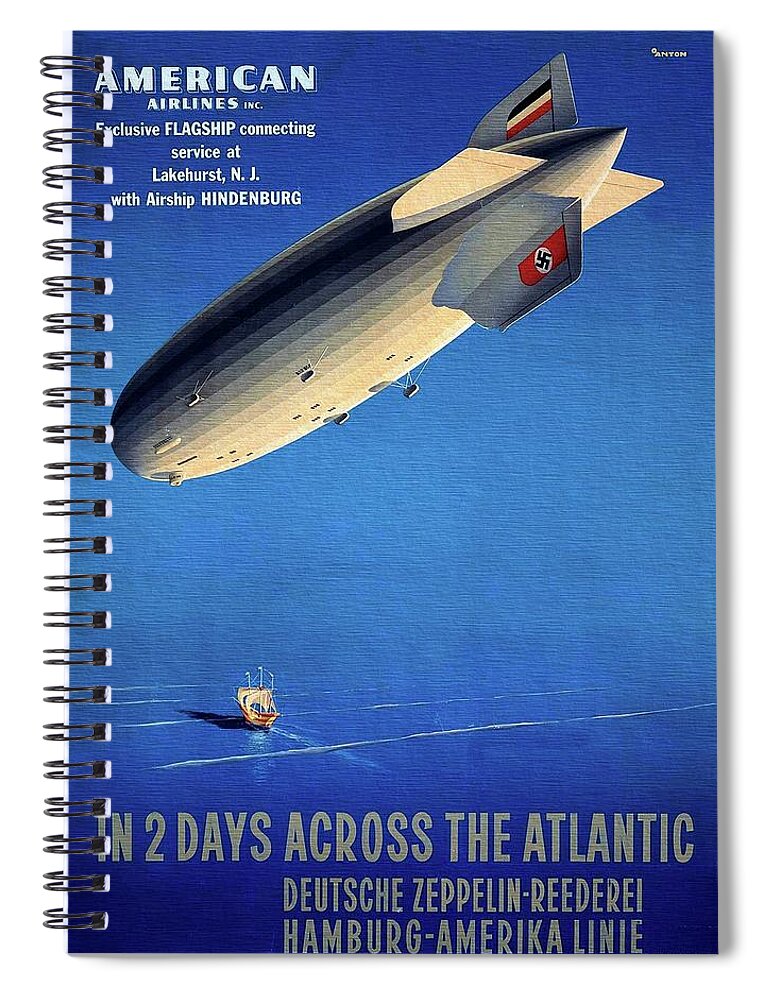 Art Deco; Aviation; Travel; German Spiral Notebook featuring the painting Deutsche Zeppelin / 2 Days Across the Atlantic 1936 by Vincent Monozlay