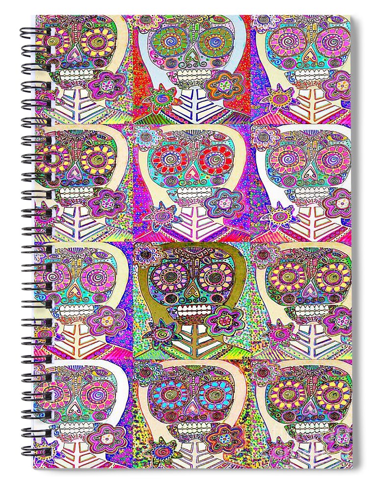 King Spiral Notebook featuring the painting Dia de los Muertos Prism Sugar Skulls by Sandra Silberzweig