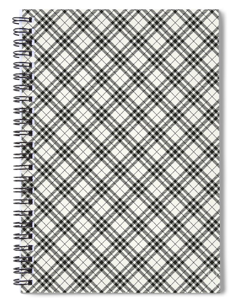 Pattern Spiral Notebook featuring the painting Diagonal Tartan Plaid Pattern In Bone White And Wrought Iron Black n.1169 by Holy Rock Design