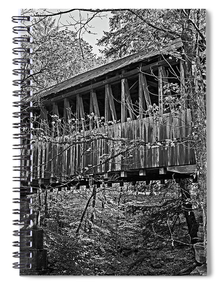 Cornish Spiral Notebook featuring the photograph Dingleton Hills Covered Bridge Cornish NH Fall Foliage Black and White by Toby McGuire
