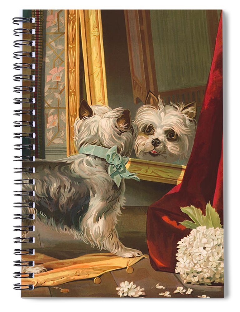 Dog Spiral Notebook featuring the painting Dog Looking Into Mirror - Vintage Lithograph - 1888 by War Is Hell Store