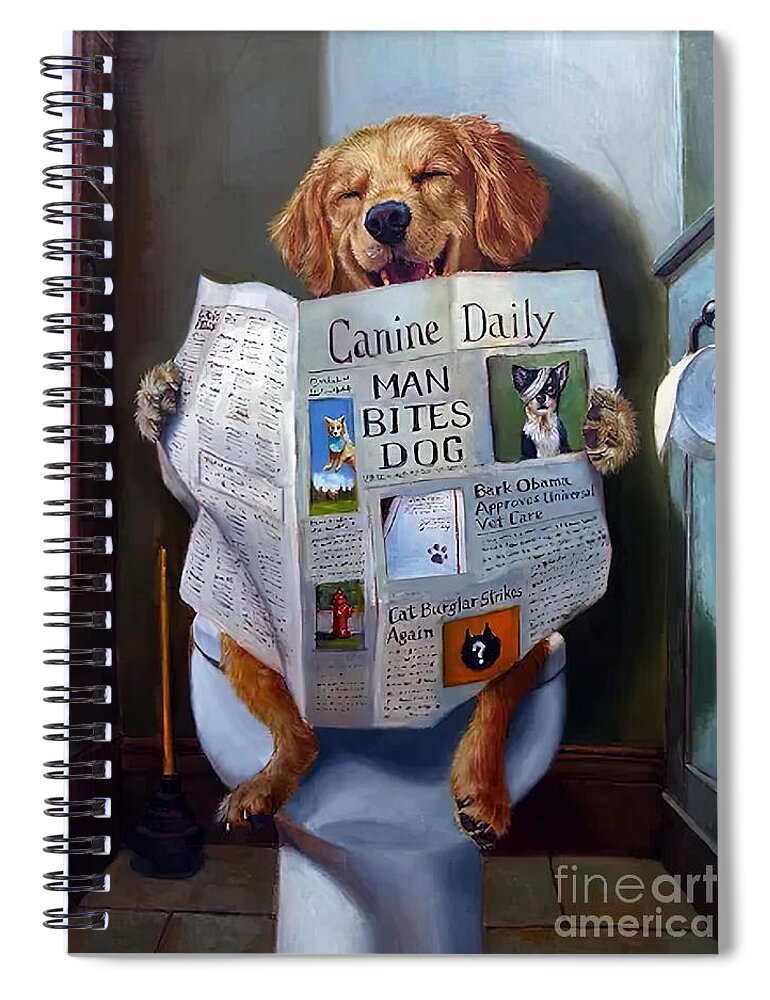  Happy Spiral Notebook featuring the painting Dog Reading the Newspaper On Toilet Funny by Stewart Joanne