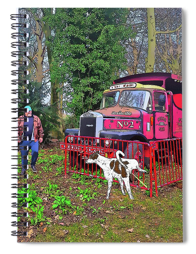 Antique Spiral Notebook featuring the mixed media Dog Weeing on Antique Truck Exhibit Comic Book Style by Shelli Fitzpatrick
