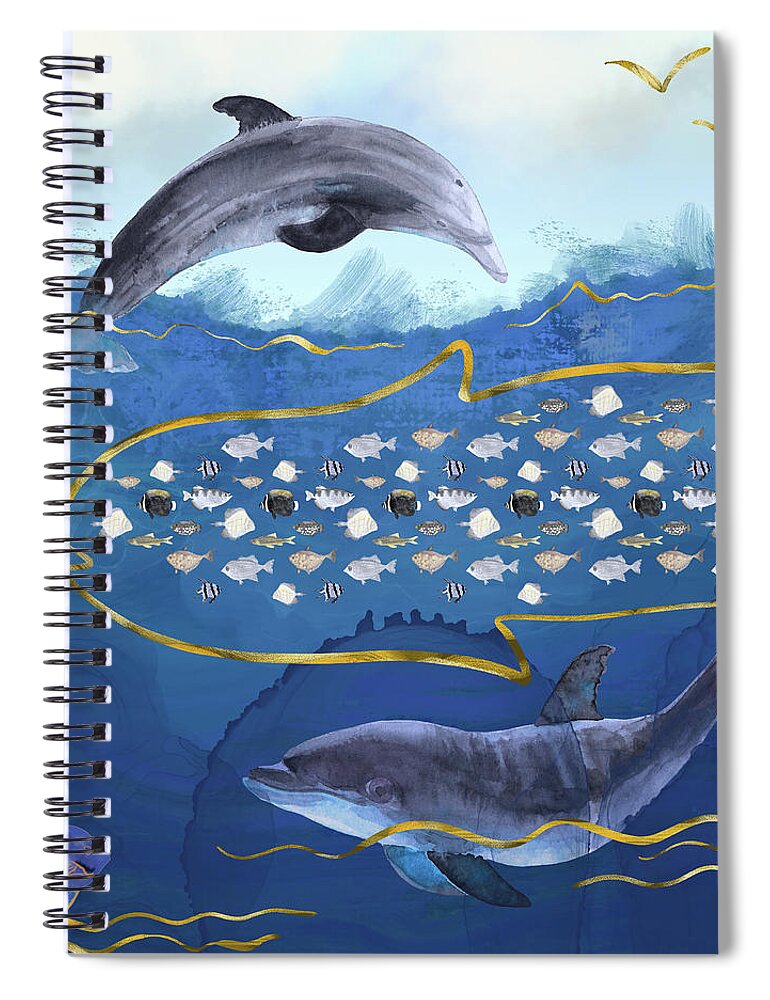 Dolphin Spiral Notebook featuring the digital art Dolphins Hunting Fish - Surreal Seascape by Andreea Dumez