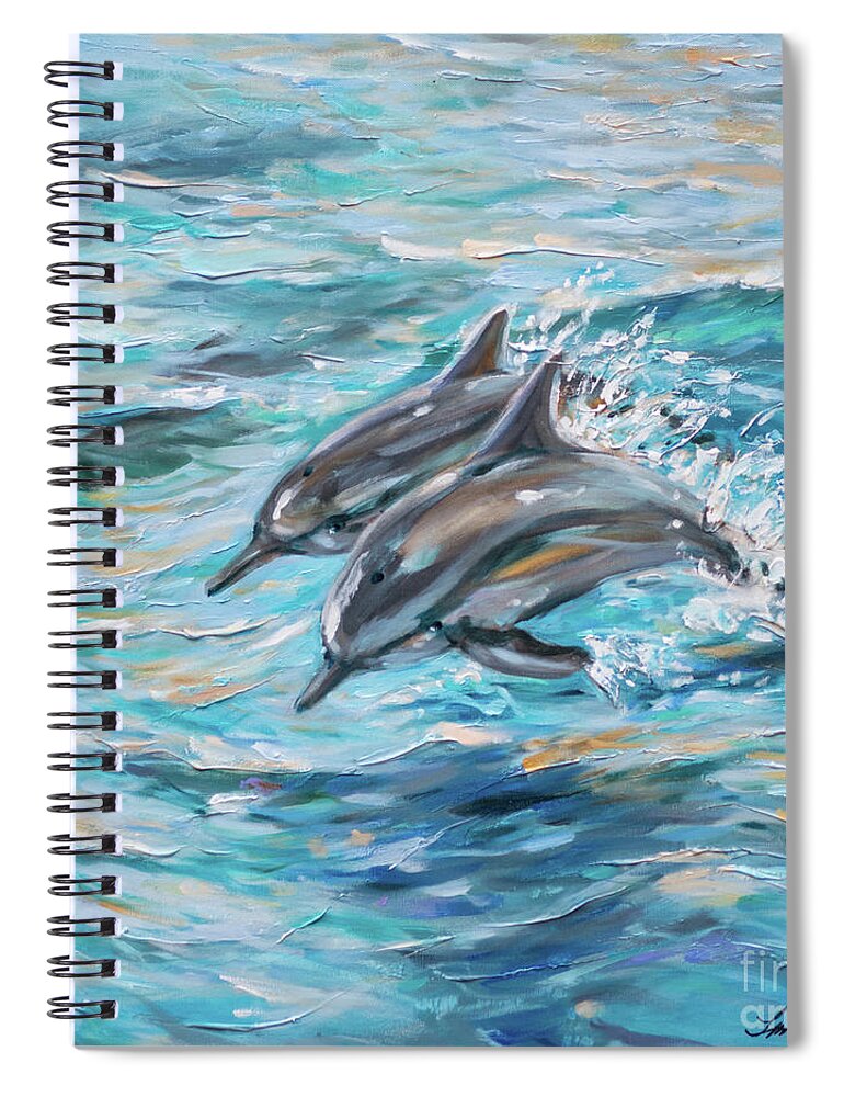 Ocean Spiral Notebook featuring the painting Dolphins Jumping by Linda Olsen