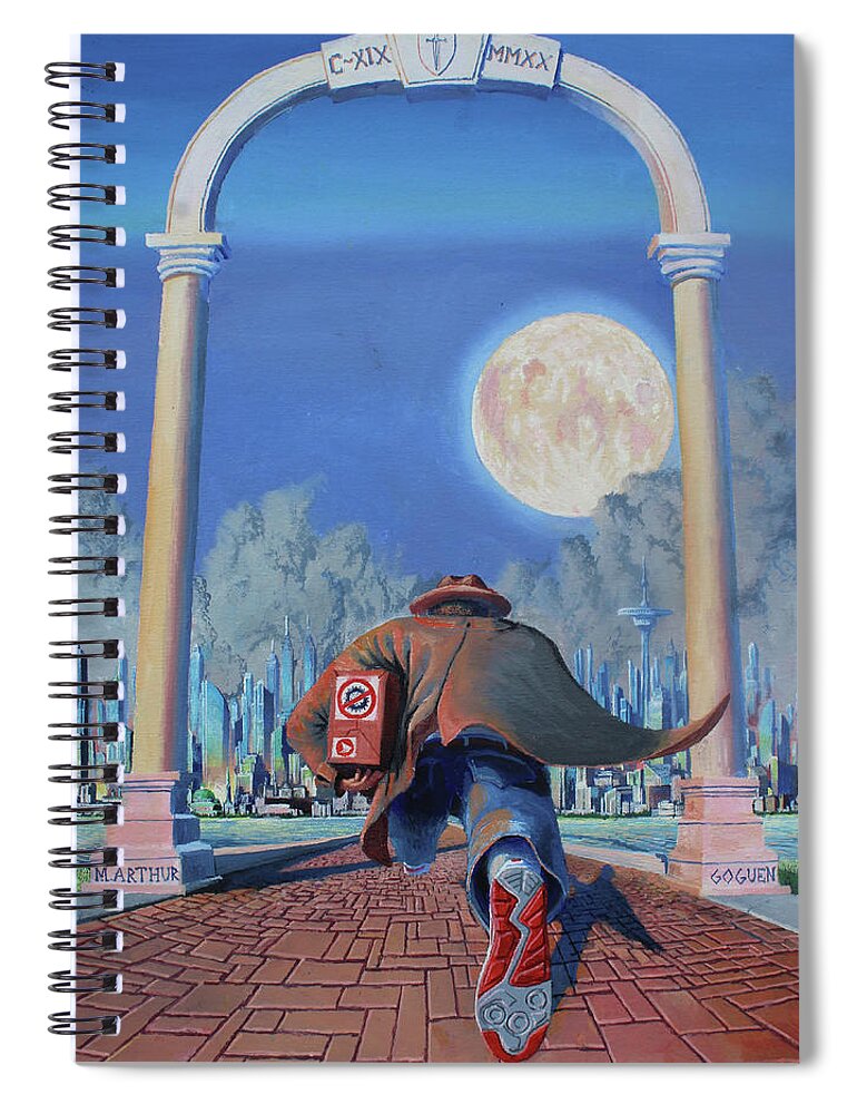 Pandemic Spiral Notebook featuring the painting Don't be Late by Michael Goguen