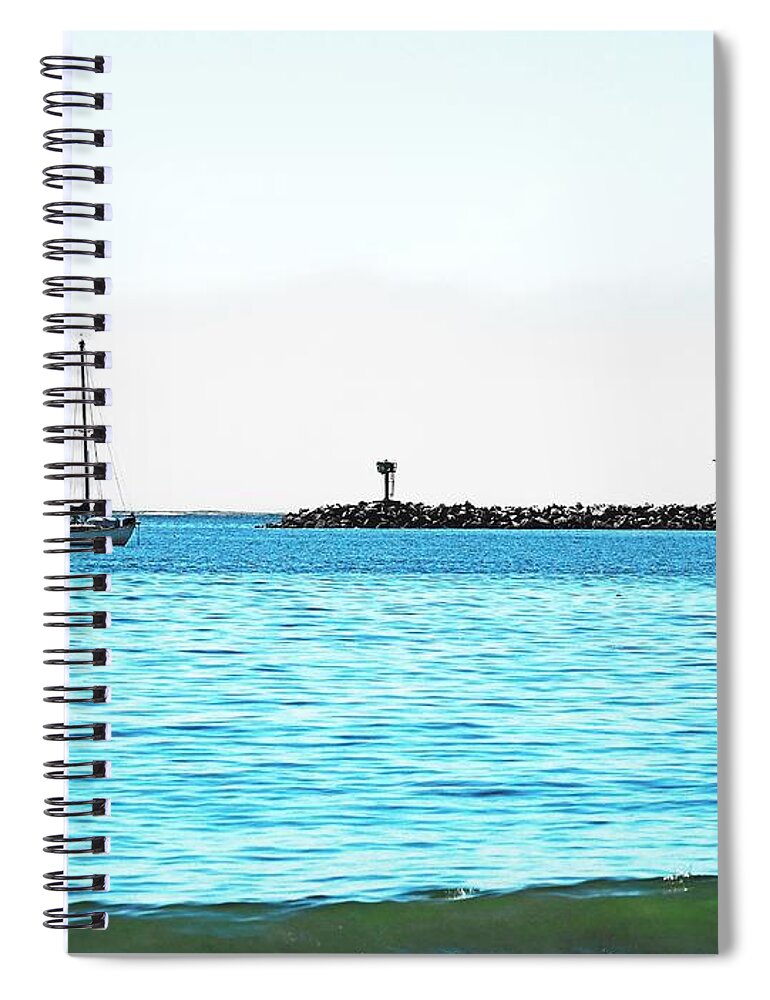 Travel Seascape Boat Beach Bodega Bay Northern California Coastline Ocean Jetty Surf Tide Blue Sky Fog Bank Waves Relaxing Summer Pastel Color Spiral Notebook featuring the photograph Doran Beach High Tide Summer by Richard Thomas