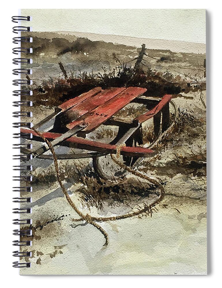 A Deserted Sled Rests In The Melting Snow Of A Countryside Hill. Spiral Notebook featuring the painting Downhill Racer by Monte Toon