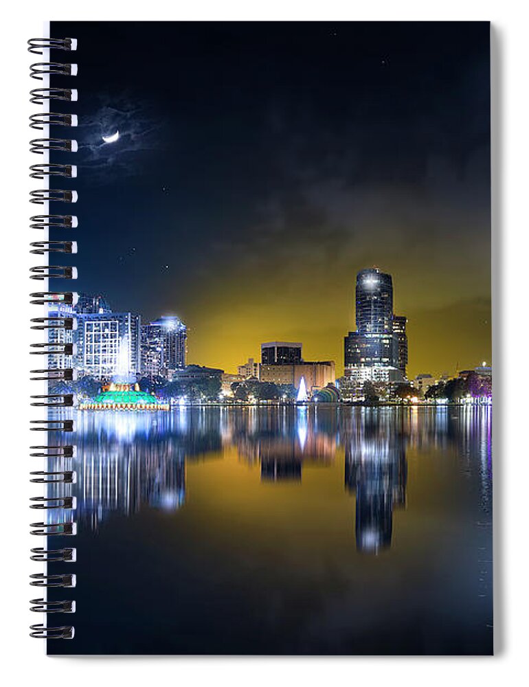Ake Eola Spiral Notebook featuring the photograph Downtown Orlando Sunset and Crescent Moon by Mark Andrew Thomas