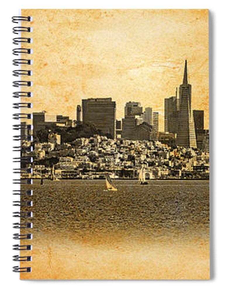 San Francisco Spiral Notebook featuring the digital art Downtown San Francisco skyline and the Golden Gate bridge - blended on old paper by Nicko Prints