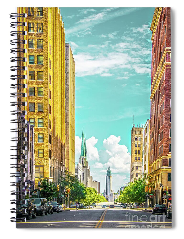 Main Street Spiral Notebook featuring the photograph Downtown Tulsa with turquoise sky - Modern and Art Deco building by Susan Vineyard