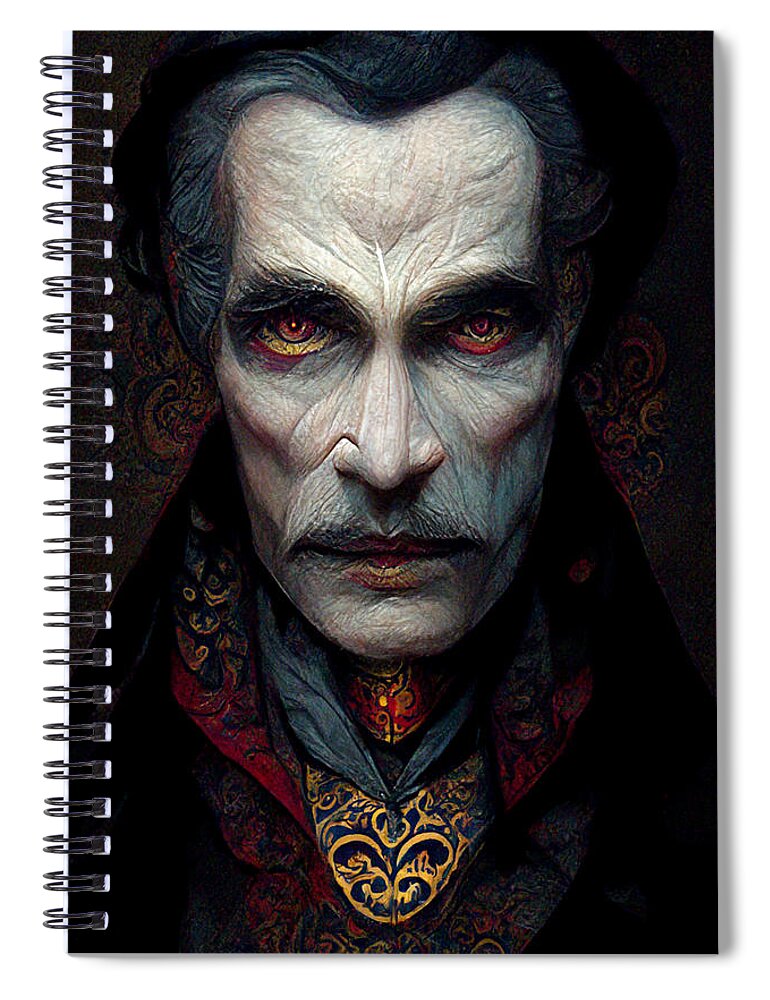 Dracula Spiral Notebook featuring the digital art Dracula Halloween Haunted House Portrait by Trevor Slauenwhite