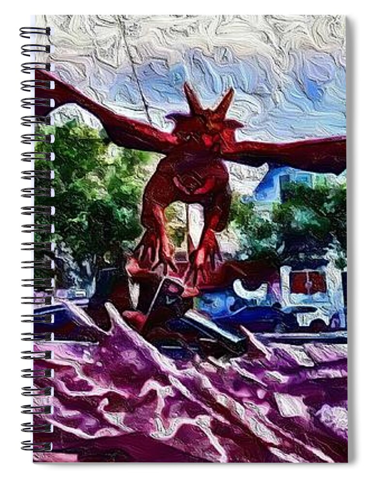  Spiral Notebook featuring the mixed media Dragon Flight to Violinist on Market by Bencasso Barnesquiat