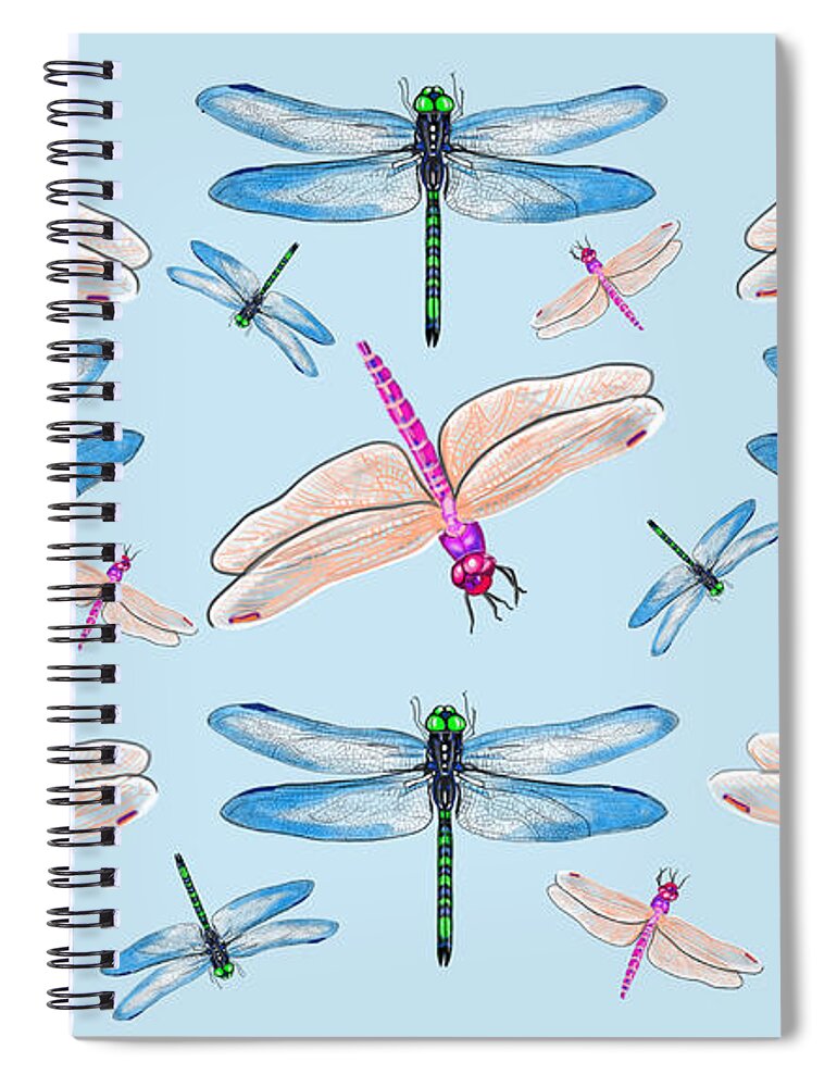 Dragonflies In Blue Sky By Judy Link Cuddehe Spiral Notebook featuring the mixed media Dragonflies in Blue Sky by Judy Link Cuddehe
