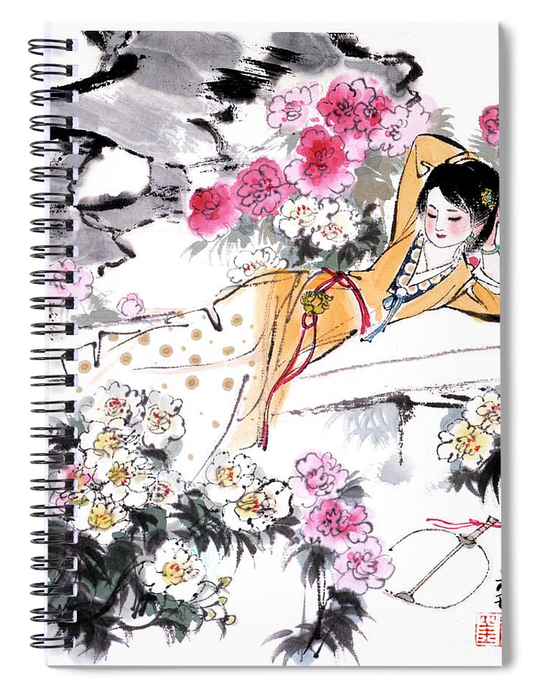 Liu Danzhai Spiral Notebook featuring the painting Dream of the Red Chamber - Woman Laying In Garden by Liu Danzhai