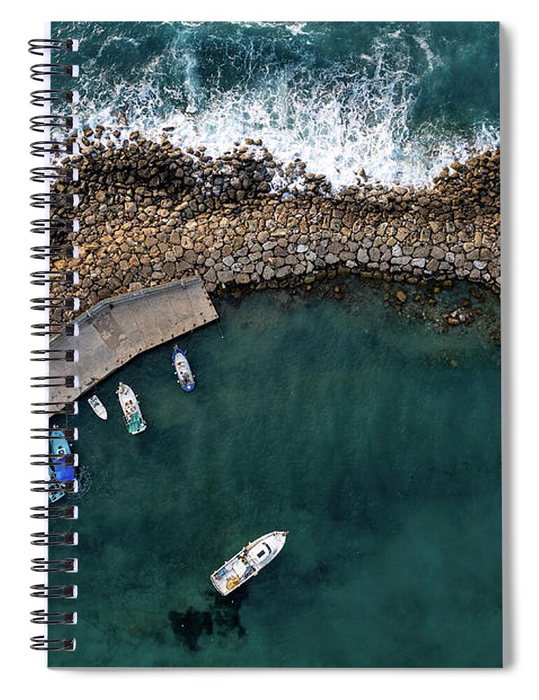 Fishing Harbor Spiral Notebook featuring the photograph Drone aerial fishing harbour with boats stormy waves, blue sea by Michalakis Ppalis