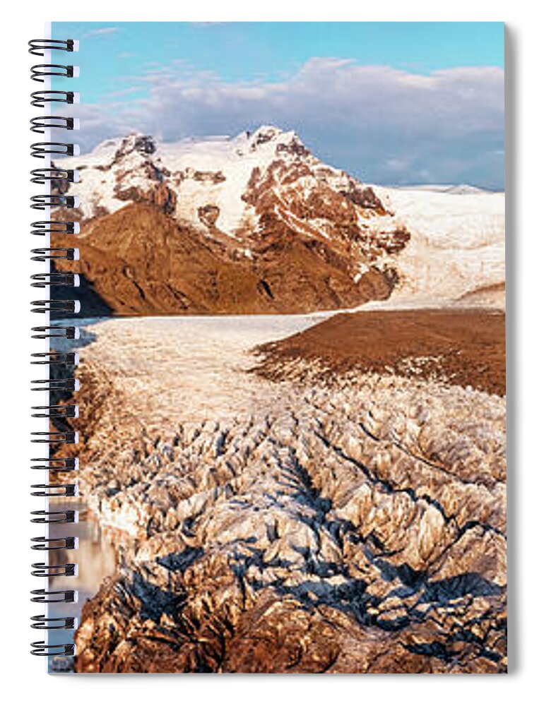 White Spiral Notebook featuring the photograph Drone shot of the Svinafellsjokull glacier, mountains and glacial lagoon. Wide panorama in autumn. Vatnajokull Naional Park by Jane Rix
