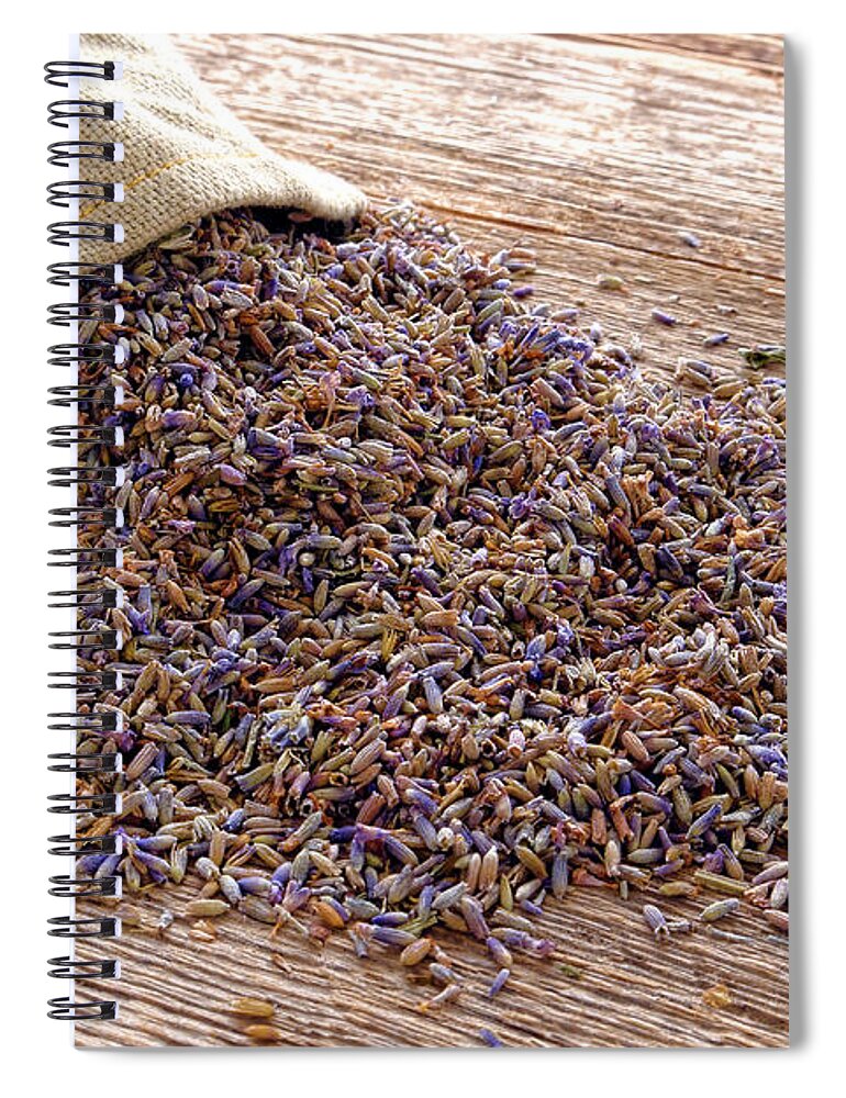 Dried Spiral Notebook featuring the photograph Dry Lavender Seeds and Burlap Bag over Old Wood by Olivier Le Queinec