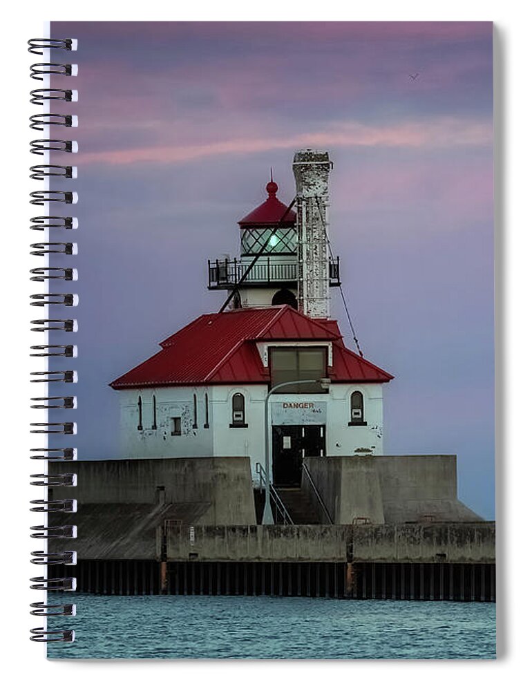 Duluth Lighthouse Spiral Notebook featuring the photograph Duluth South Breakwater Outer Light After Sunset by Susan Rissi Tregoning