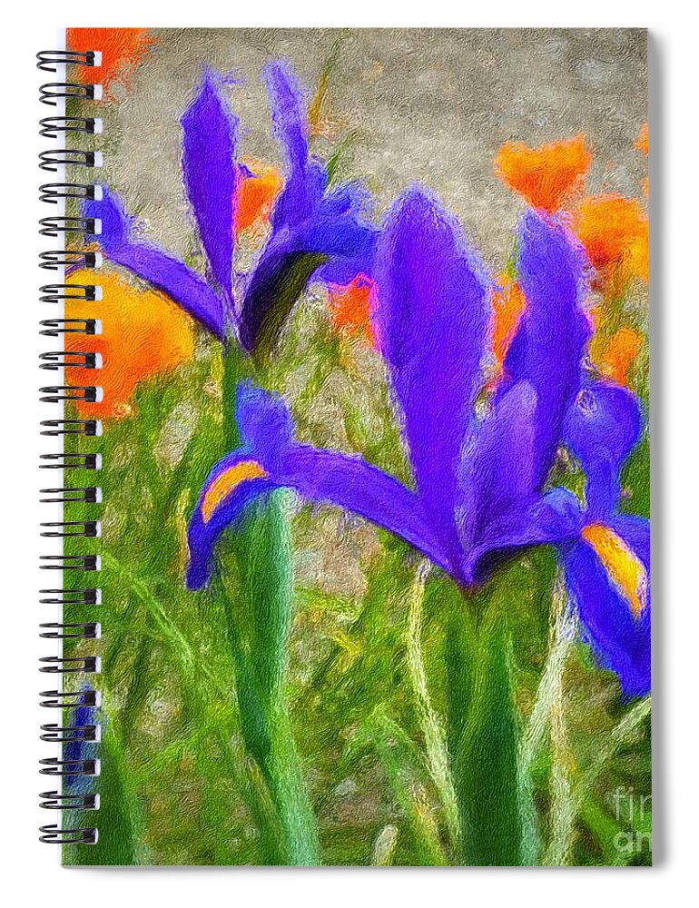 Brushstroke Spiral Notebook featuring the photograph Dutch iris and California Poppies by Jeanette French