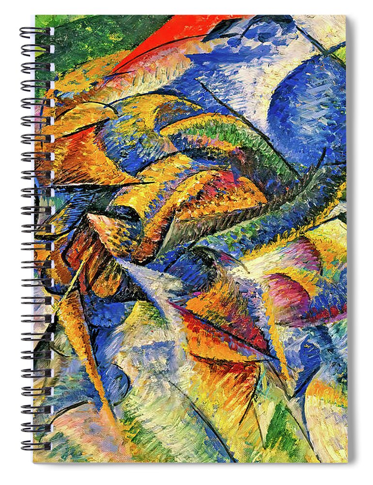 Dynamism Of A Cyclist Spiral Notebook featuring the digital art Dynamism of a Cyclist by Umberto Boccioni - digital enhancement by Nicko Prints