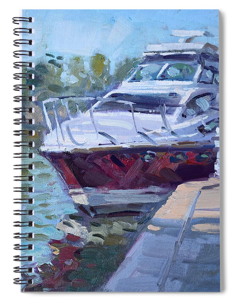 Boat Spiral Notebook featuring the painting Early Morning at N Tonawanda Dock. by Ylli Haruni