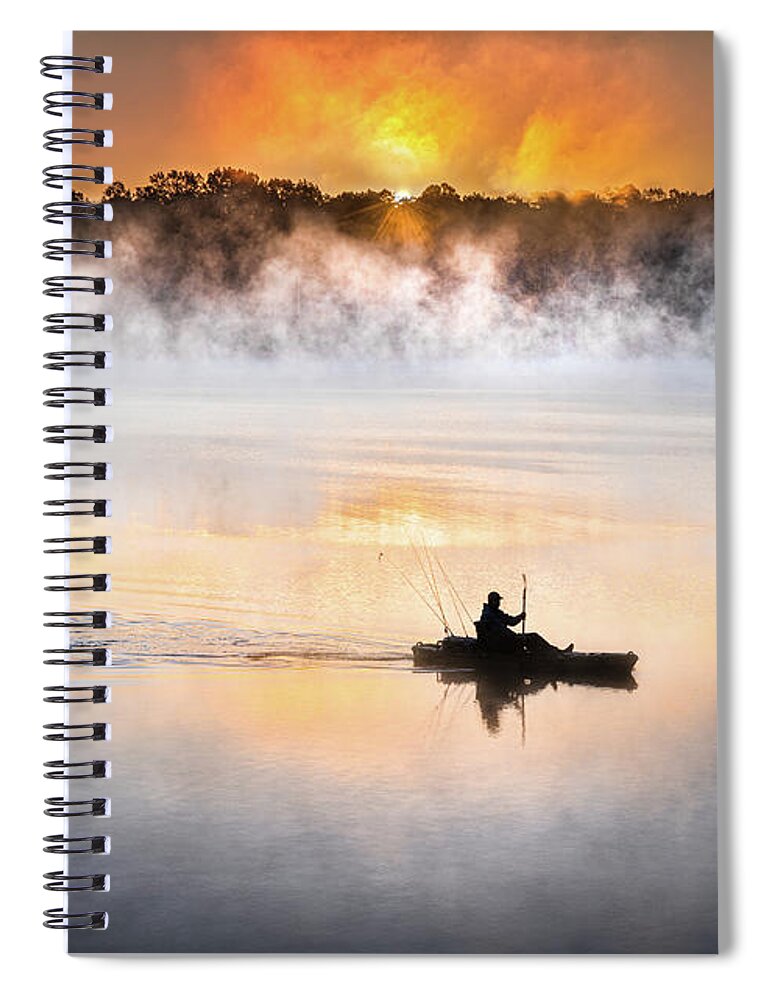 Lake Lamar Bruce Spiral Notebook featuring the photograph Morning Mist Kayak Fisherman Sunrise Lake Mississippi by Jordan Hill